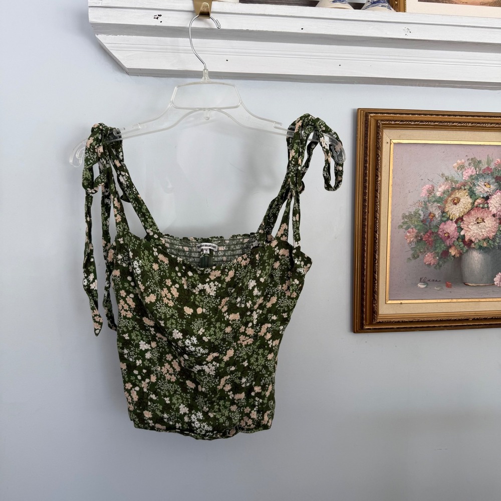 Reformation Ellora Green Floral Tie Strap Smocked Top Size 6 Ditsy - Picture 2 of 6